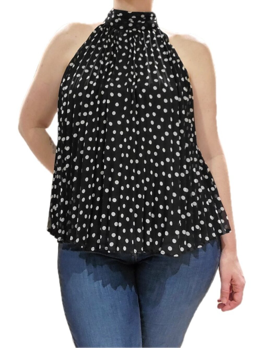 Karl Lagerfeld Paris Black & White Polka Dot Pleated Halter Blouse – Size M